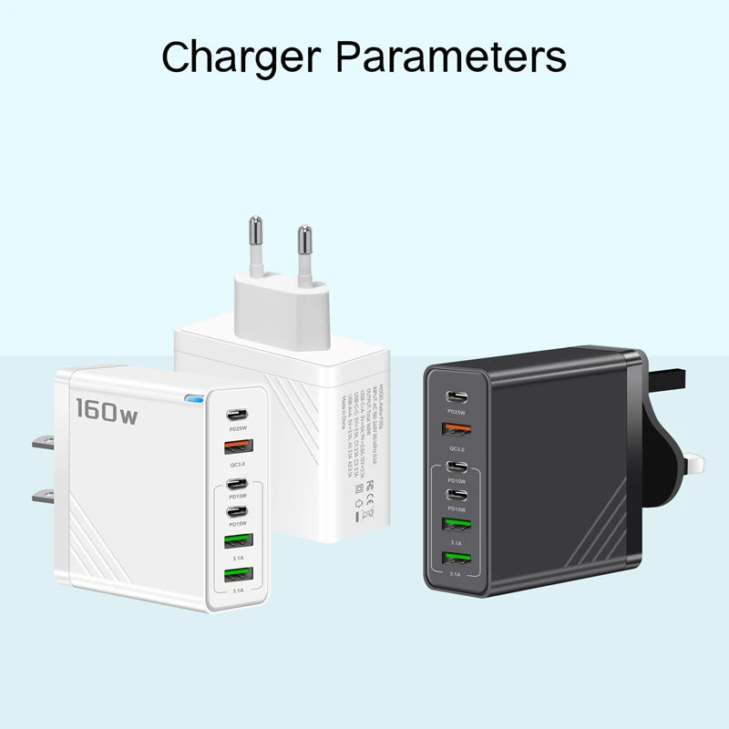 Xiaomi 160W Fast Charging Mobile Phone Charger 6 Port USB Type-C Phone Charger EU/US/UK Plug for Iphone Samsung Xiaomi Huawei