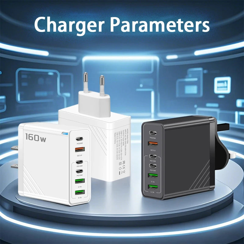 Xiaomi 160W Fast Charging Mobile Phone Charger 6 Port USB Type-C Phone Charger EU/US/UK Plug for Iphone Samsung Xiaomi Huawei