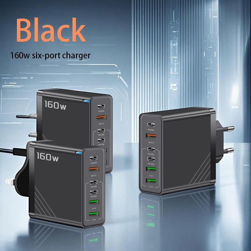 Xiaomi 160W Fast Charging Mobile Phone Charger 6 Port USB Type-C Phone Charger EU/US/UK Plug for Iphone Samsung Xiaomi Huawei
