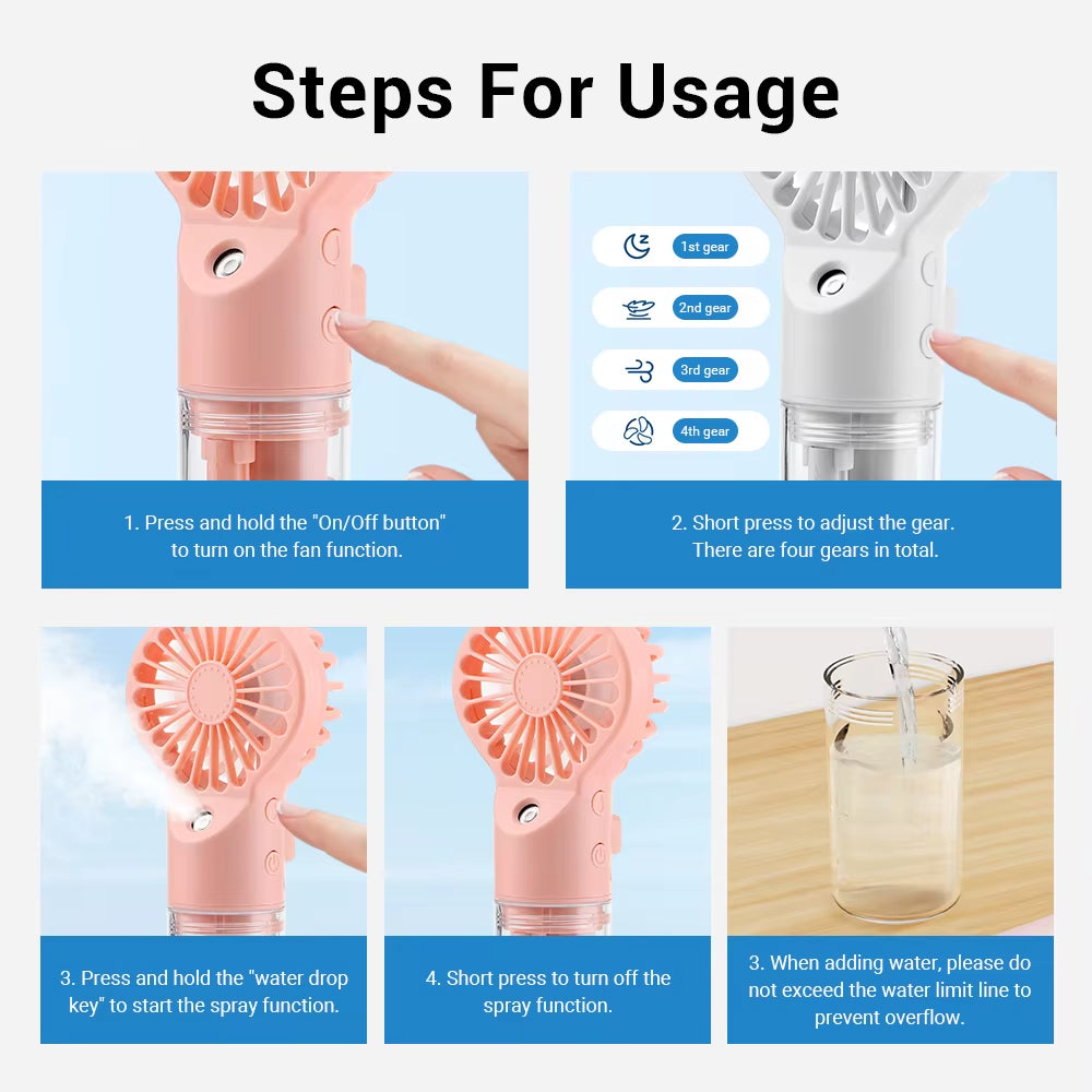 Handheld Portable Mini Air Conditioner Face Steamer Humidifier Water Mist Cooler Cooling Spray Skin Care 4-Speed USB Recharge