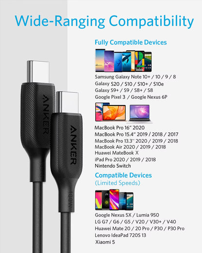 Powerline III USB-C to USB-C 2.0 Charging Cable, 100 W Type-C Cable 2.0, Lightning Fast Charging with PD, for Macbook Pro
