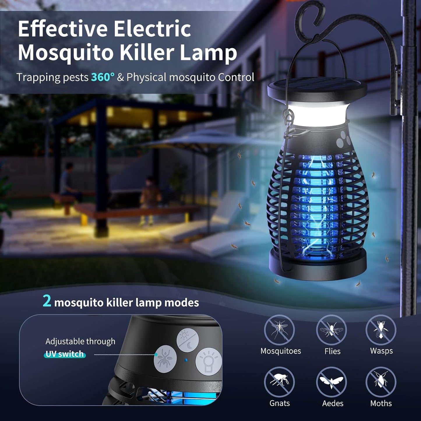 Lampe Moustiques,Solaire Lampe anti Moustique UV 3 En 1 anti Moucherons Electrique Exterieur Interieur,Usb Rechargeable Appareil Tue Mouche Electrique 360° Attrape Mouche Insecte (Noir)