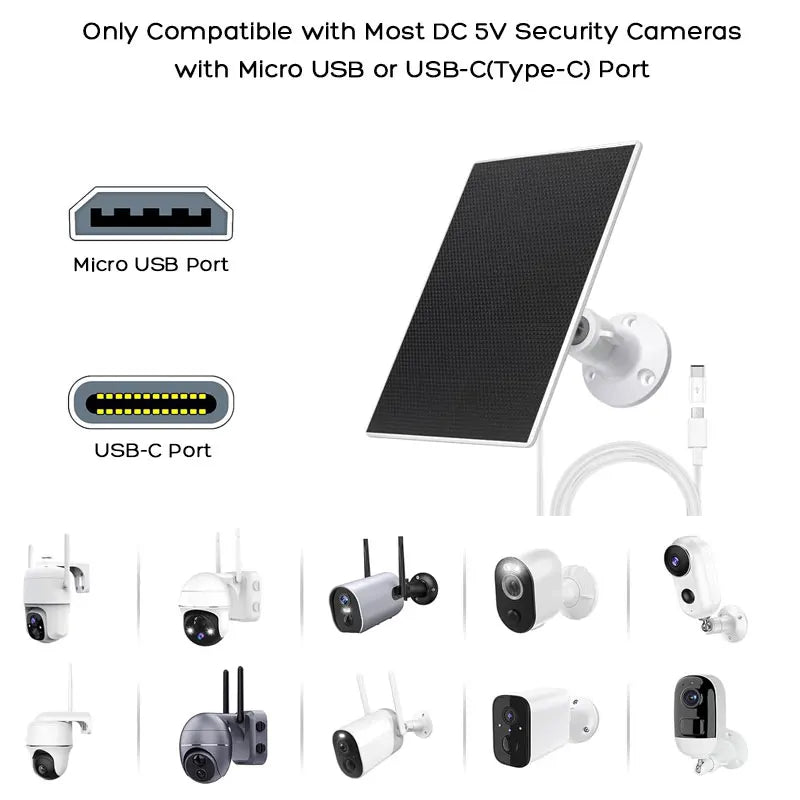 Upgraded ETFE Solar Panel Charger with Micro USB and Type-C Adapter Non-Stop Charging for Rechargeable Security Cameras.