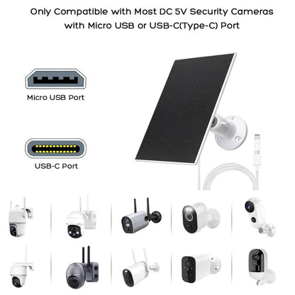 Upgraded ETFE Solar Panel Charger with Micro USB and Type-C Adapter Non-Stop Charging for Rechargeable Security Cameras.