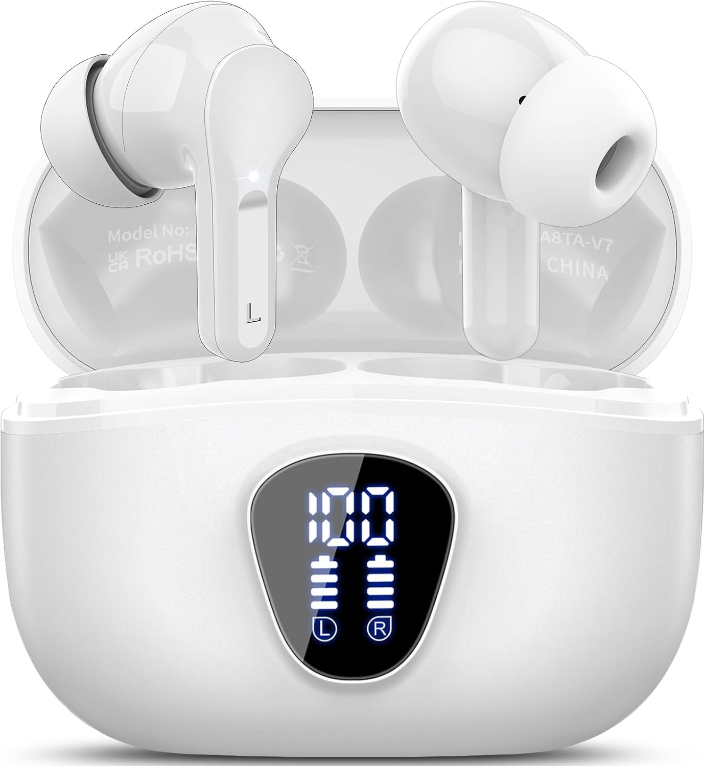Ecouteurs Bluetooth Sans Fil, Écouteurs Bluetooth 5.4 Oreillette Bluetooth Basses Immersives Avec 4 ENC Mic, Casque Bluetooth Sans Fil 46H Avec Écran LED, Étanche IP7 Contrôle Tactile, Blanc (2025)
