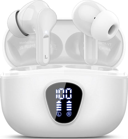 Ecouteurs Bluetooth Sans Fil, Écouteurs Bluetooth 5.4 Oreillette Bluetooth Basses Immersives Avec 4 ENC Mic, Casque Bluetooth Sans Fil 46H Avec Écran LED, Étanche IP7 Contrôle Tactile, Blanc (2025)
