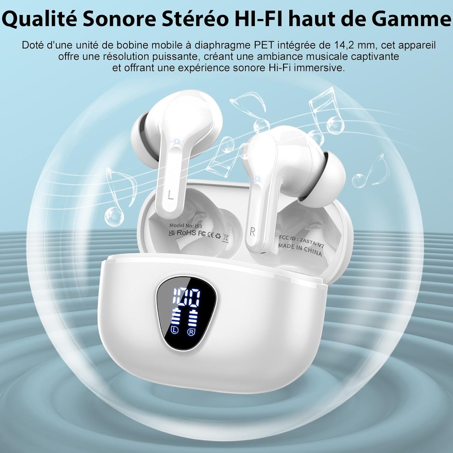 Ecouteurs Bluetooth Sans Fil, Écouteurs Bluetooth 5.4 Oreillette Bluetooth Basses Immersives Avec 4 ENC Mic, Casque Bluetooth Sans Fil 46H Avec Écran LED, Étanche IP7 Contrôle Tactile, Blanc (2025)