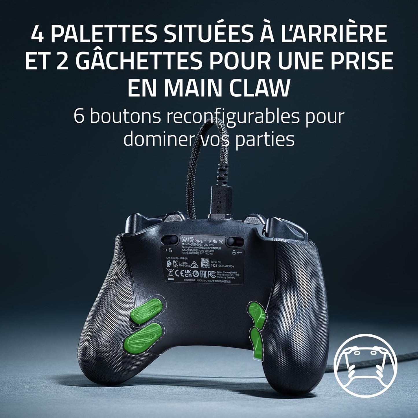 Wolverine V3 Tournament Edition 8K PC - Manette ​​Esport Filaire Pour PC (8K Hz Hyperpolling, Sticks TMR Avec Capuchons Interchangeables, 4 Boutons Arrière 2 Poussoirs ​(Prise Griffe)​) Noir