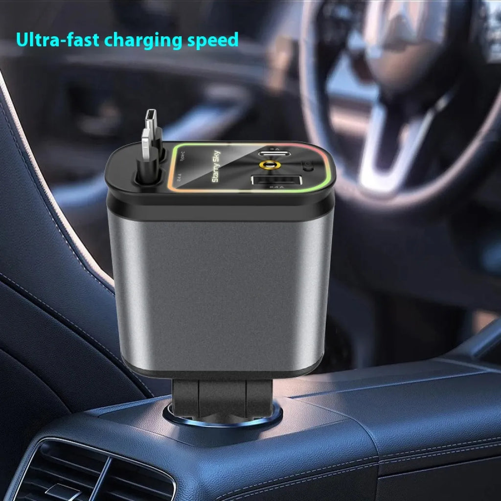 Chargeur de Téléphone Voiture 4-en-1 Multi-fonction Double Câble Rétractable