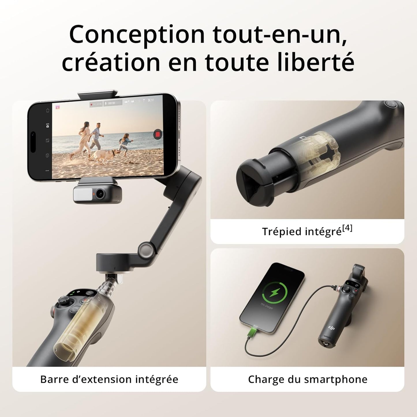 Osmo Mobile 7P Pour Iphone, Stabilisateur Nacelle, Android, Suivi Natif, Éclairage, Nacelle Pour Téléphone À 3 Axes, Lancement Rapide, Édition En Un Seul Clic,Barre D’Extension Et Trépied Intégrés