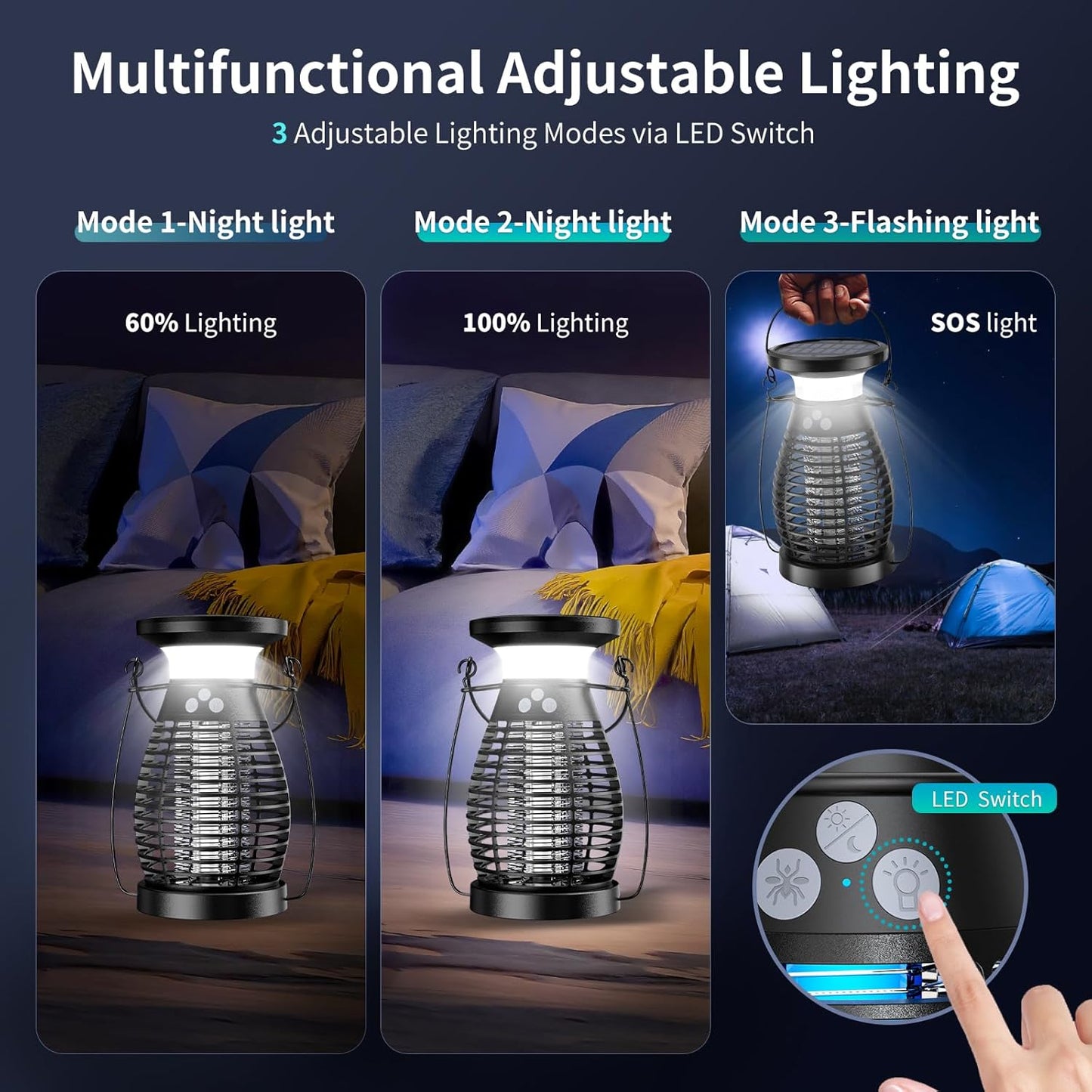 Lampe Moustiques,Solaire Lampe anti Moustique UV 3 En 1 anti Moucherons Electrique Exterieur Interieur,Usb Rechargeable Appareil Tue Mouche Electrique 360° Attrape Mouche Insecte (Noir)