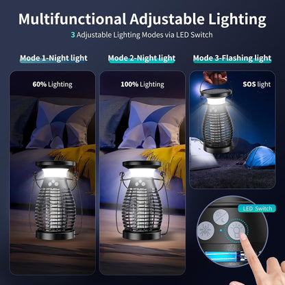 Lampe Moustiques,Solaire Lampe anti Moustique UV 3 En 1 anti Moucherons Electrique Exterieur Interieur,Usb Rechargeable Appareil Tue Mouche Electrique 360° Attrape Mouche Insecte (Noir)