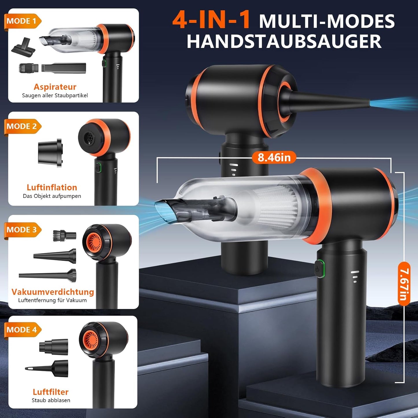 Aspirateur À Main Sans Fil 4 En 1 - 20 000 Pa - Avec Moteur Sans Balais - 3 Vitesses - Pour Voiture, Cuisine, Bureau, Maison, Poils D'Animaux, Canapé, Claviers