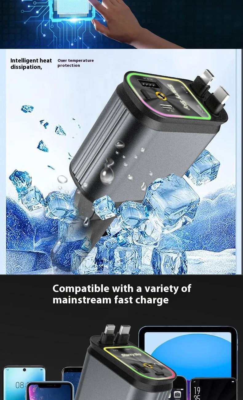 Chargeur de Téléphone Voiture 4-en-1 Multi-fonction Double Câble Rétractable