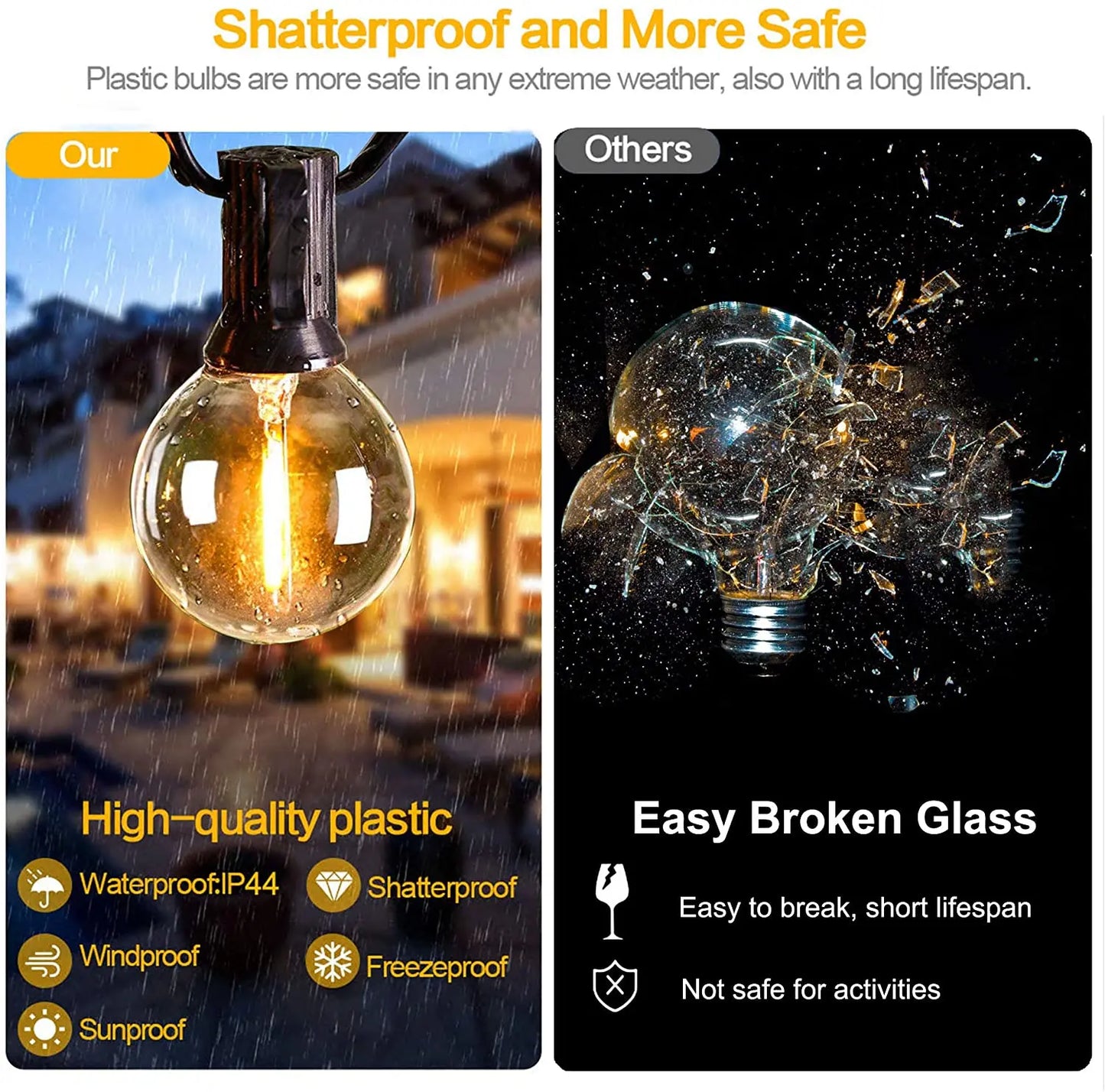 12M 30 LEDS G40 Solar String Lights Outdoor Patio Lights Solar & USB Powered Waterproof Globe Hanging Lights with Shatterproof