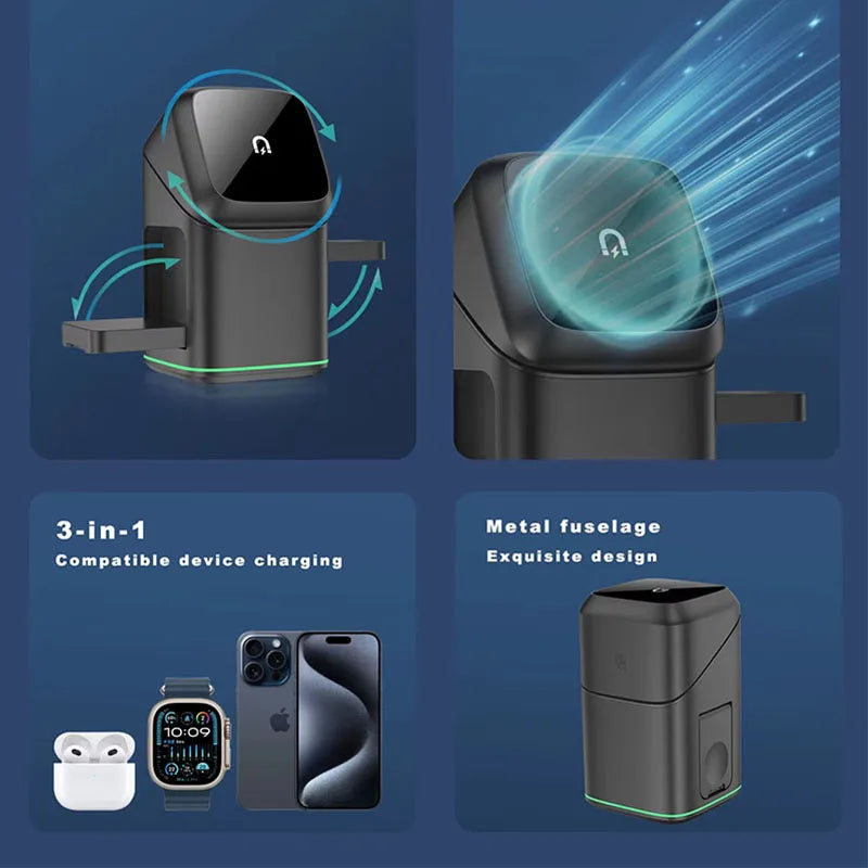 Chargeur Sans Fil 3-en-1 Qi2 Rotatif Magnétique - Station de Charge Rapide iPhone & Samsung