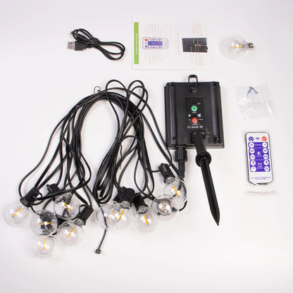 12M 30 LEDS G40 Solar String Lights Outdoor Patio Lights Solar & USB Powered Waterproof Globe Hanging Lights with Shatterproof