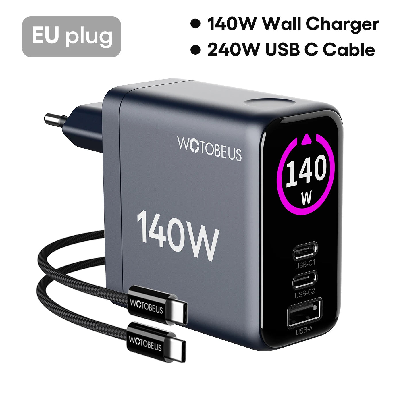 Chargeur Mural IA GaN 140W – 3 Ports USB-C/A avec Écran de Puissance | Compatible MacBook, iPhone & Samsung