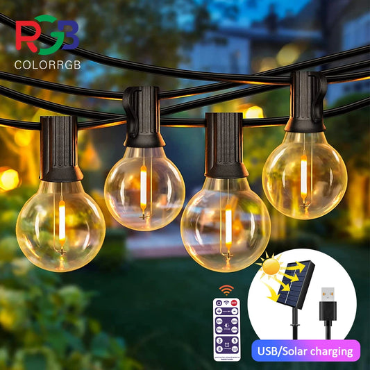 12M 30 LEDS G40 Solar String Lights Outdoor Patio Lights Solar & USB Powered Waterproof Globe Hanging Lights with Shatterproof