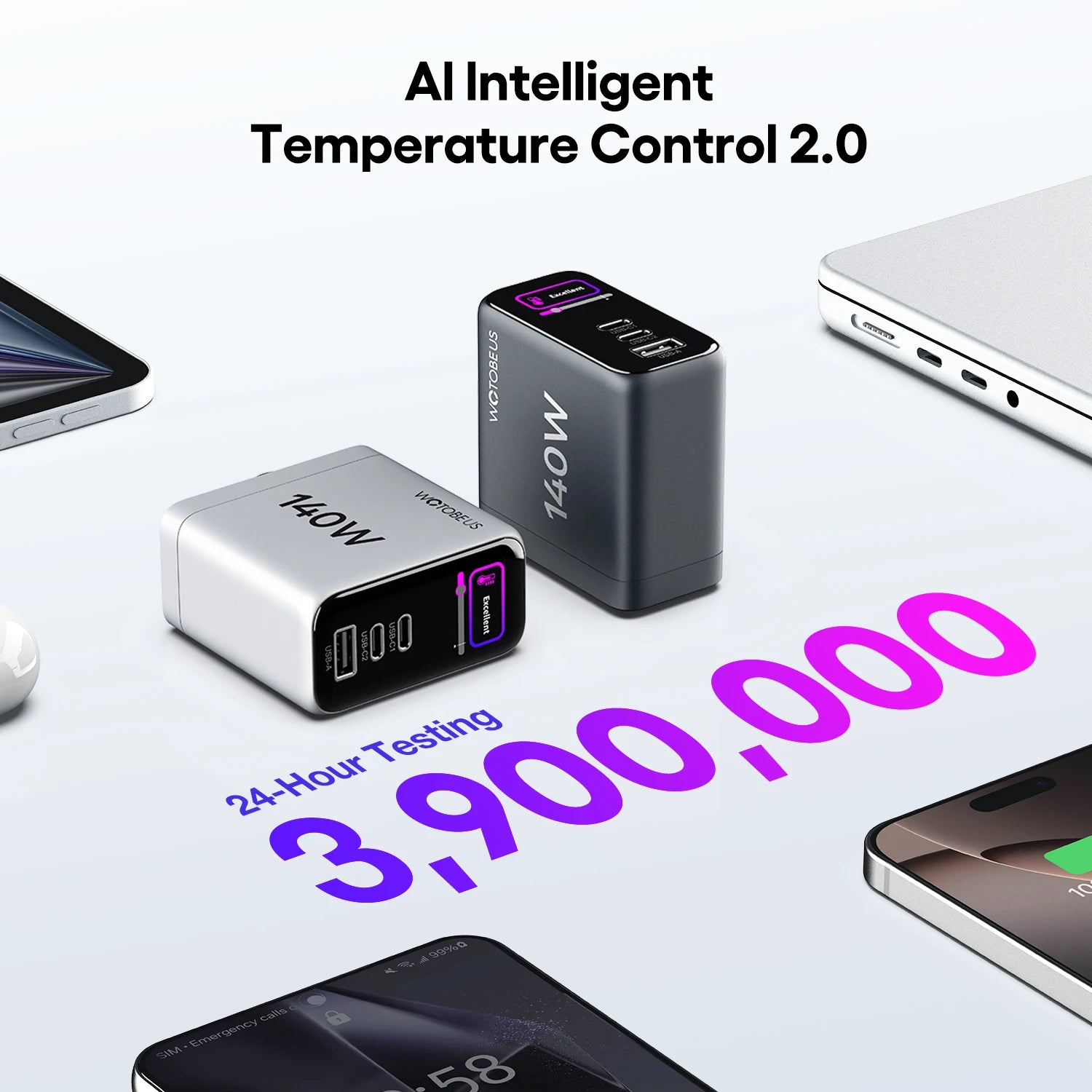 Chargeur Mural IA GaN 140W – 3 Ports USB-C/A avec Écran de Puissance | Compatible MacBook, iPhone & Samsung