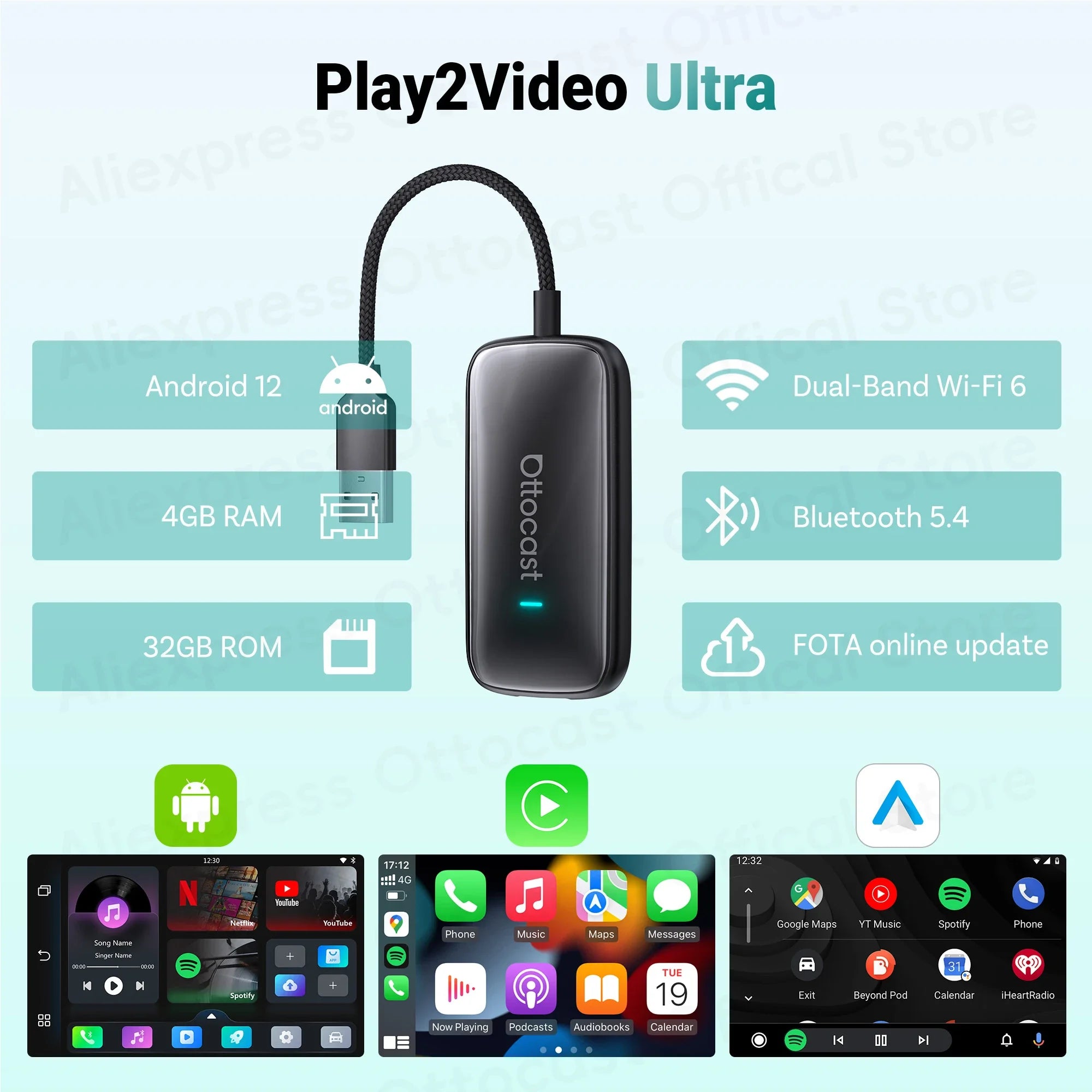 OTTOCAST Play2Video Ultra – Adaptateur CarPlay & Android Auto Sans Fil