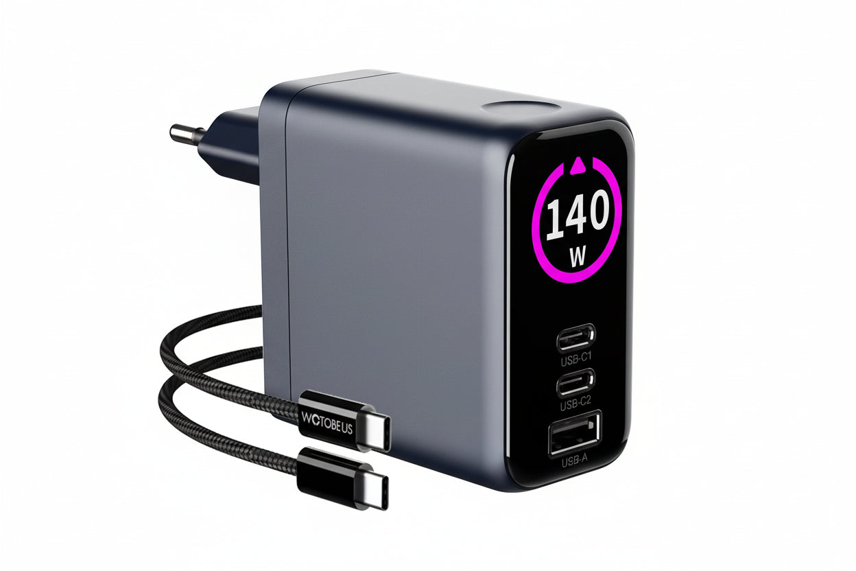 Chargeur Mural IA GaN 140W – 3 Ports USB-C/A avec Écran de Puissance | Compatible MacBook, iPhone & Samsung