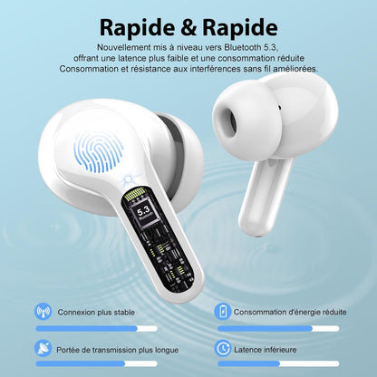 Ecouteurs Bluetooth Sans Fil, Écouteurs Bluetooth 5.4 Oreillette Bluetooth Basses Immersives Avec 4 ENC Mic, Casque Bluetooth Sans Fil 46H Avec Écran LED, Étanche IP7 Contrôle Tactile, Blanc (2025)