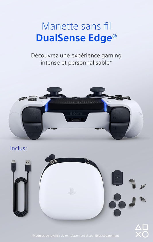 Sony, Manette Dualsense Edge Officielle Pour PS5 Et PC, Sans Fil, Commandes Ultra-Personnalisables + Profils Interchangeables + Confort Amélioré, Boîte De Transport Incluse, Couleur : Blanche Et Noire