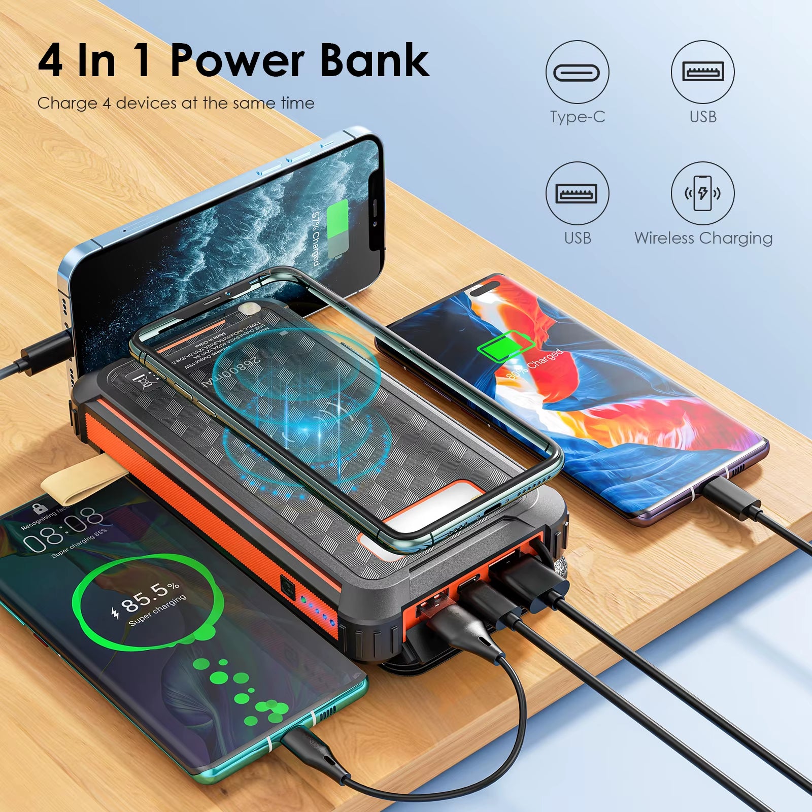 PD 22.5 W Solar Power Bank 26800Mah Fast Solar Charger QC 3.0,3 Outputs,4 Foldable Panels Charges External Battery,Camping Light
