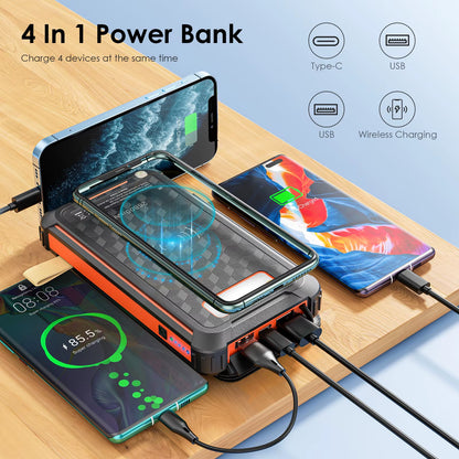 PD 22.5 W Solar Power Bank 26800Mah Fast Solar Charger QC 3.0,3 Outputs,4 Foldable Panels Charges External Battery,Camping Light