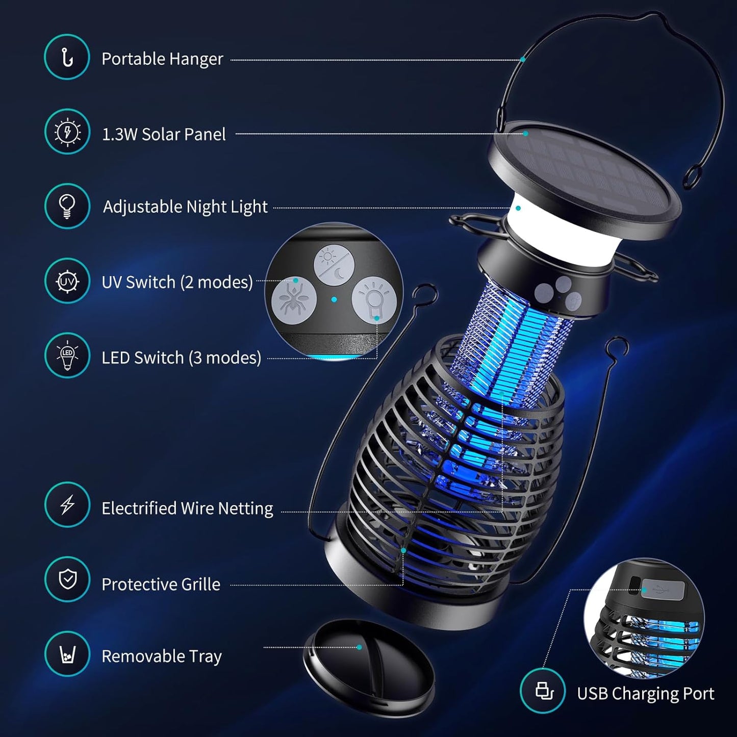 Lampe Moustiques,Solaire Lampe anti Moustique UV 3 En 1 anti Moucherons Electrique Exterieur Interieur,Usb Rechargeable Appareil Tue Mouche Electrique 360° Attrape Mouche Insecte (Noir)