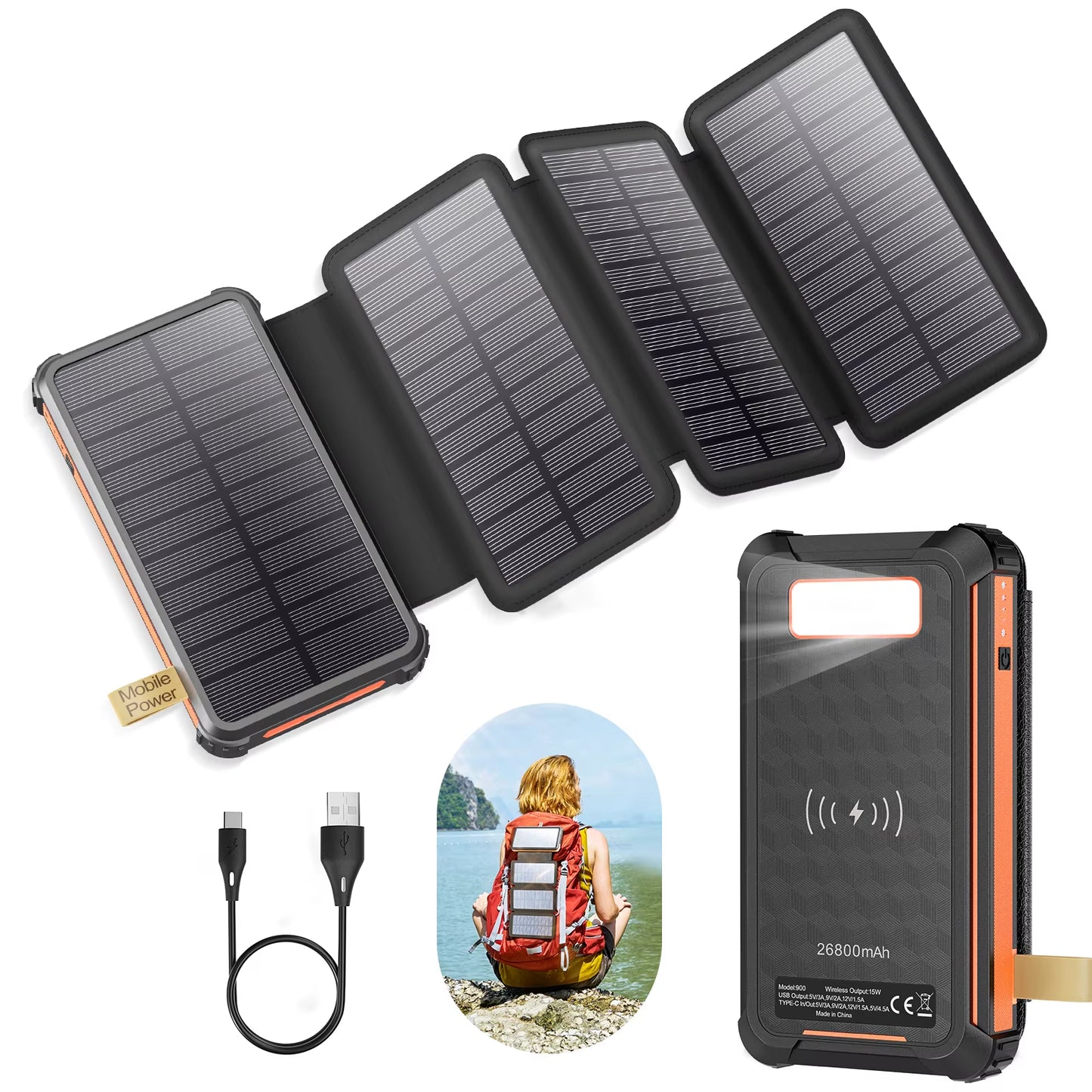 PD 22.5 W Solar Power Bank 26800Mah Fast Solar Charger QC 3.0,3 Outputs,4 Foldable Panels Charges External Battery,Camping Light