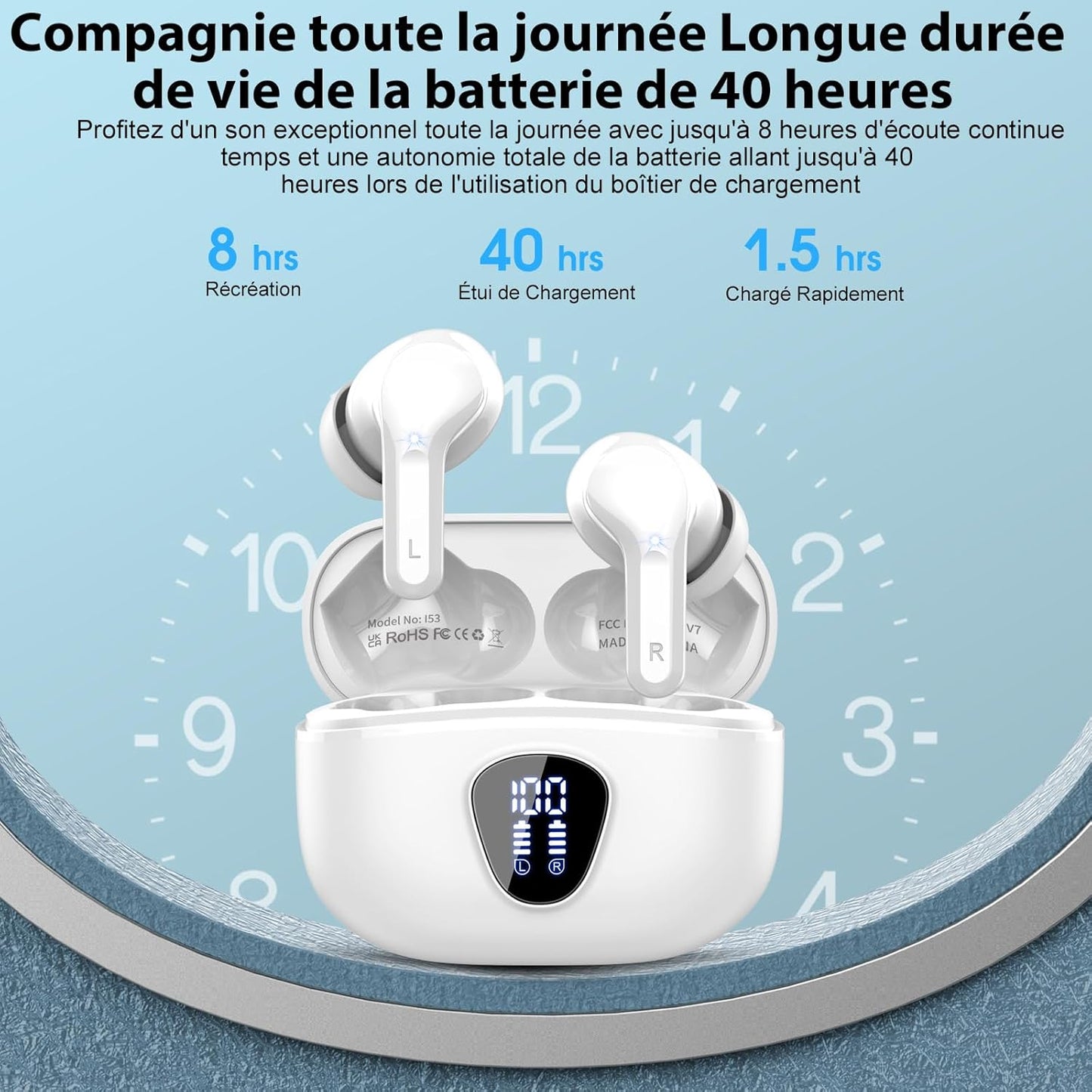 Ecouteurs Bluetooth Sans Fil, Écouteurs Bluetooth 5.4 Oreillette Bluetooth Basses Immersives Avec 4 ENC Mic, Casque Bluetooth Sans Fil 46H Avec Écran LED, Étanche IP7 Contrôle Tactile, Blanc (2025)