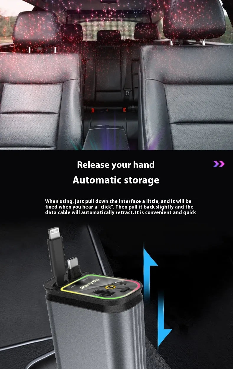 Chargeur de Téléphone Voiture 4-en-1 Multi-fonction Double Câble Rétractable